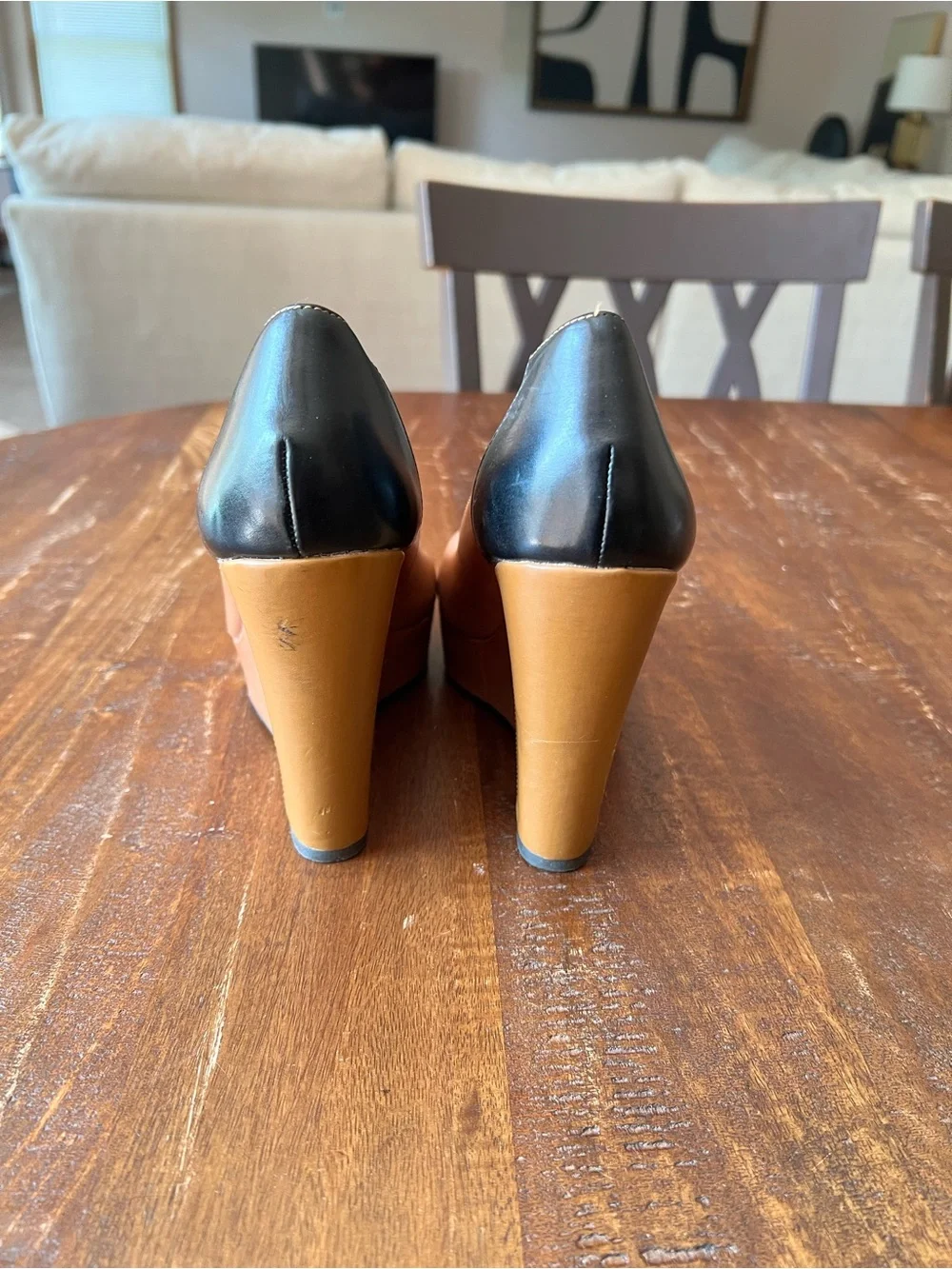J.Renee Tan and Navy Peep-Toe Wedge Heels